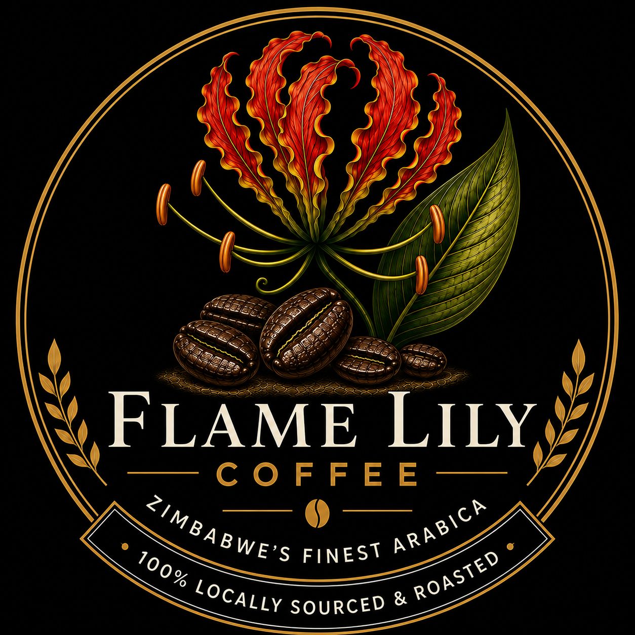 Flame Lily Coffee logo: a flame lily bloom above roasted coffee beans, with the words Zimbabwe's finest Arabica, 100% locally sourced and roasted